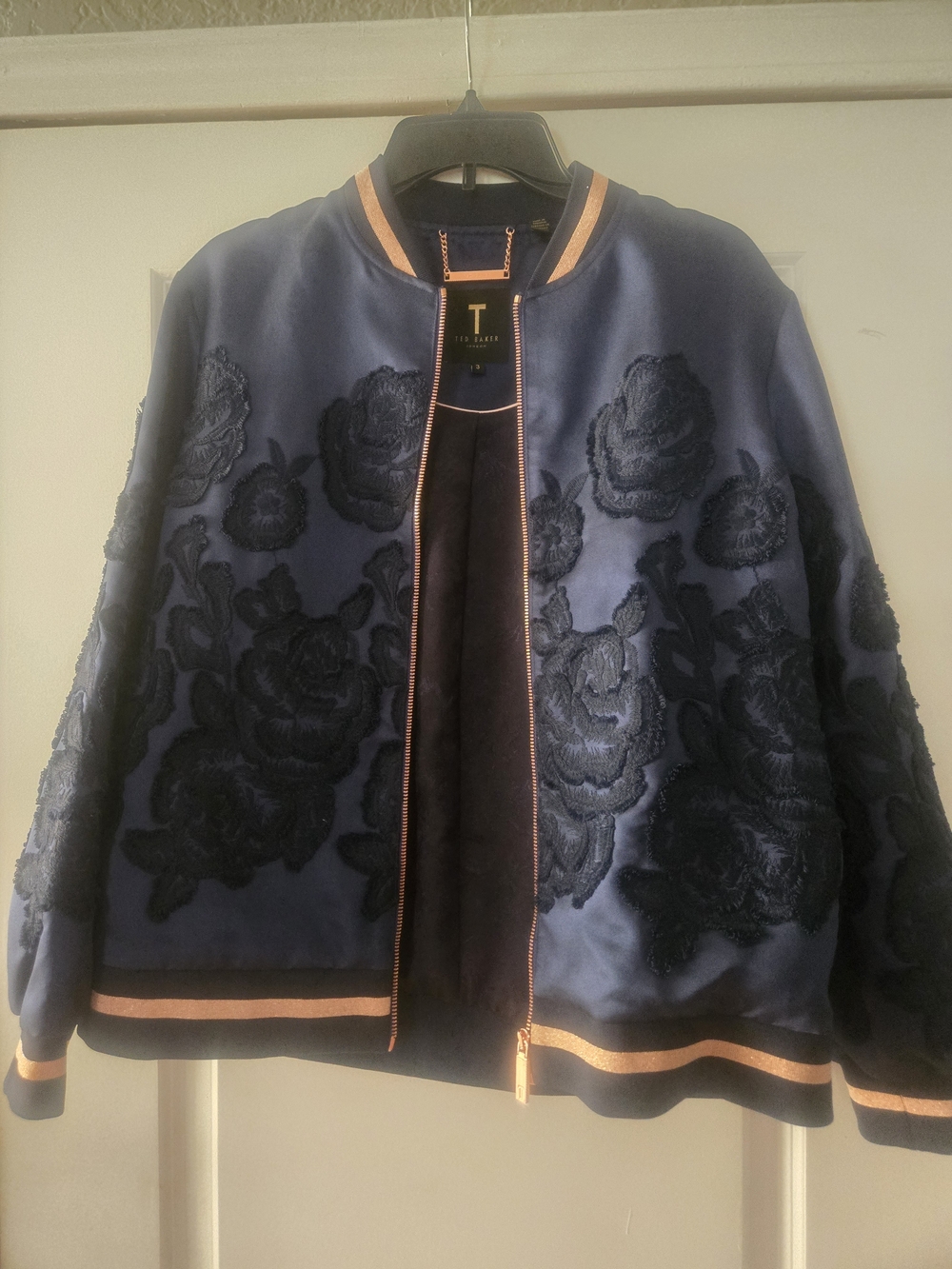 Ted Baker Navy Bomber Jacket with Rose Appliqué and Gold Trim